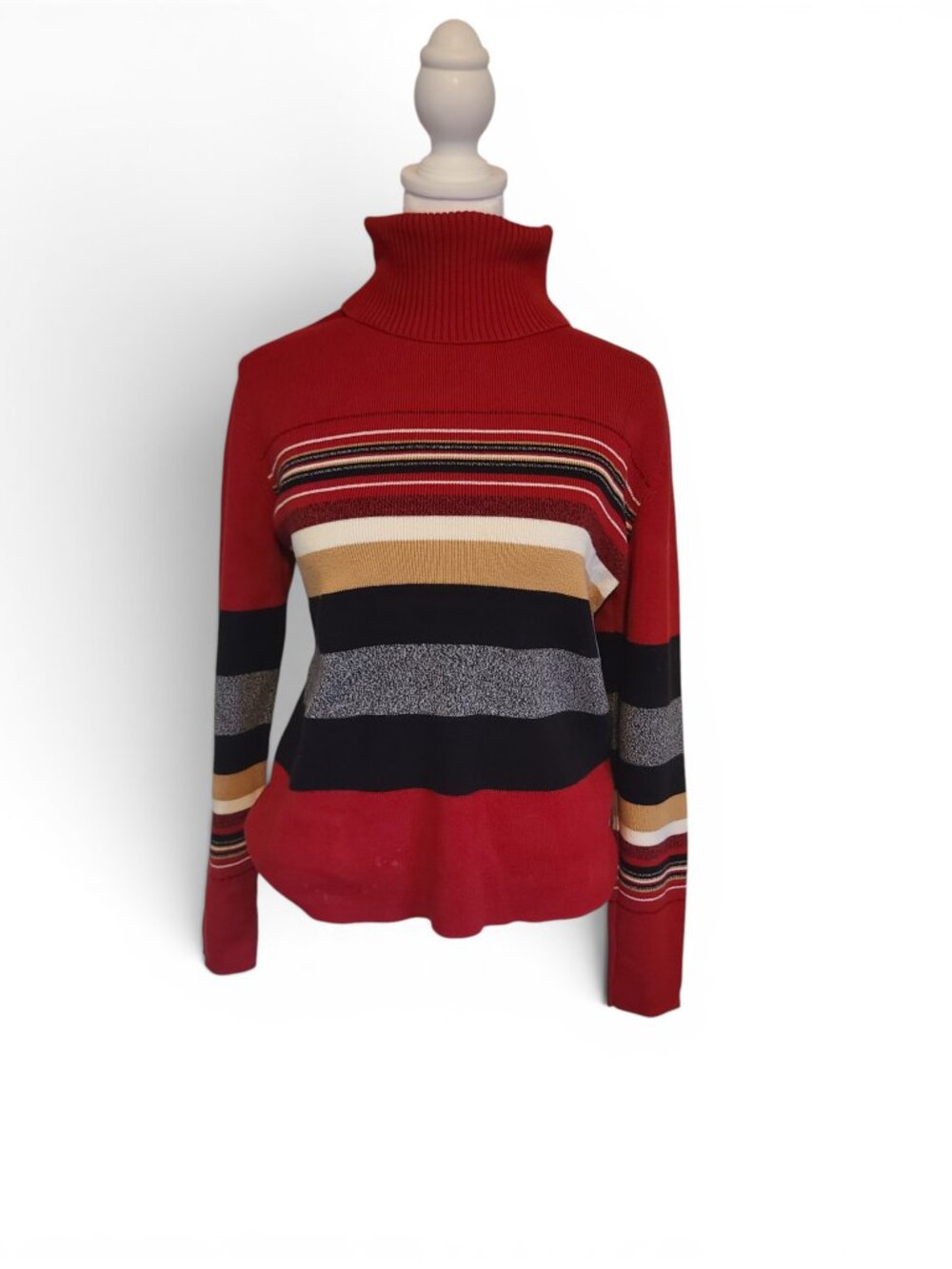 Vintage 90s Y2K Grunge Red Black Stripe Ribbed Turtleneck Top Size Small
